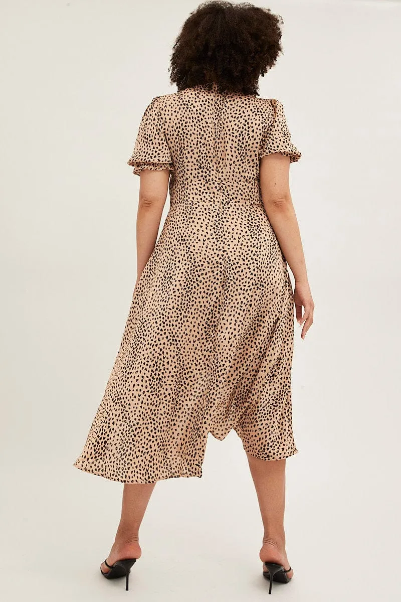 Gentle Power trendy details Beige Animal Print Midi Dress Short Sleeve Tie Front Satin