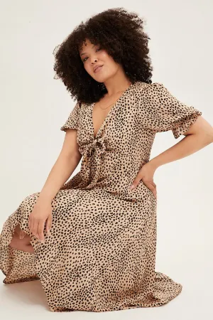 Forest trail Beige Animal Print Midi Dress Short Sleeve Tie Front Satin