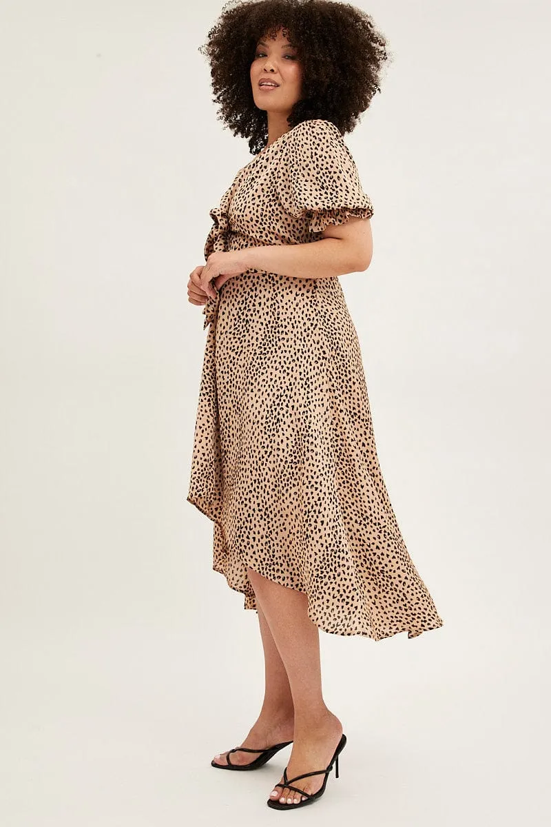 Beige Animal Print Midi Dress Short Sleeve Tie Front Satin Chic Outfit All Season Style