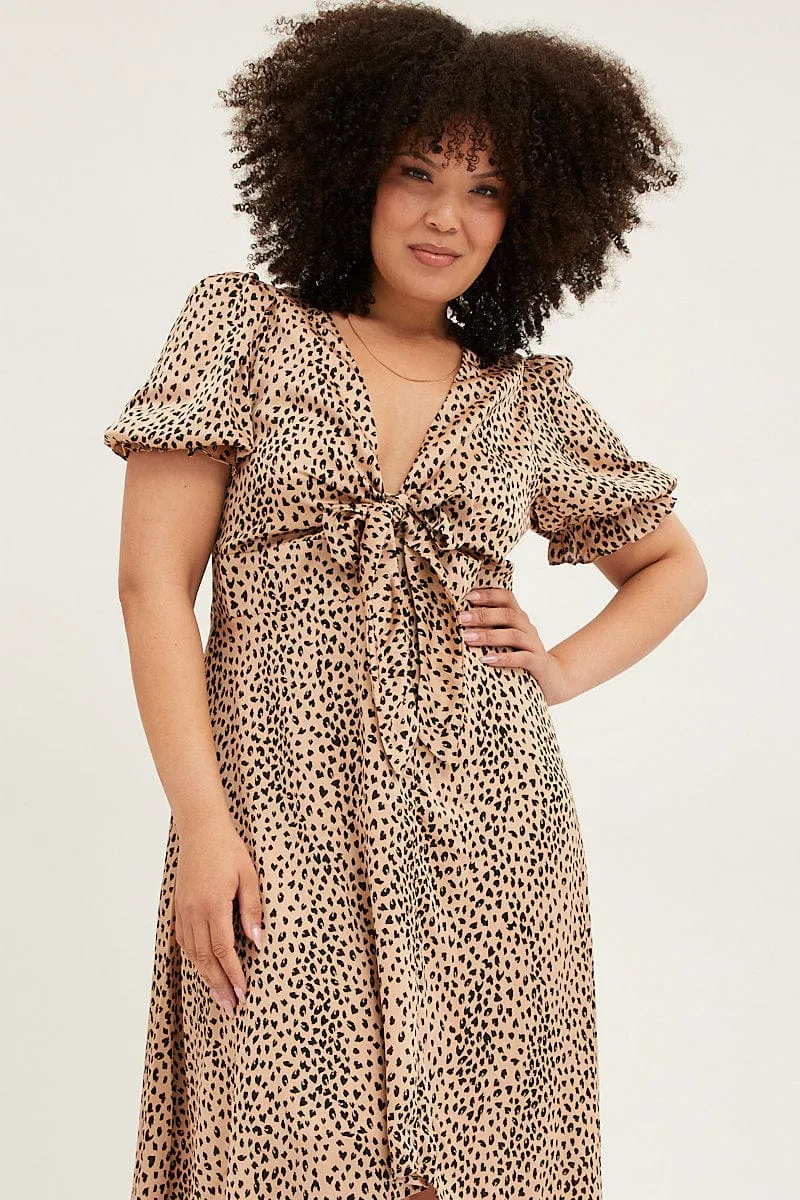Cotton Soft Beige Animal Print Midi Dress Short Sleeve Tie Front Satin