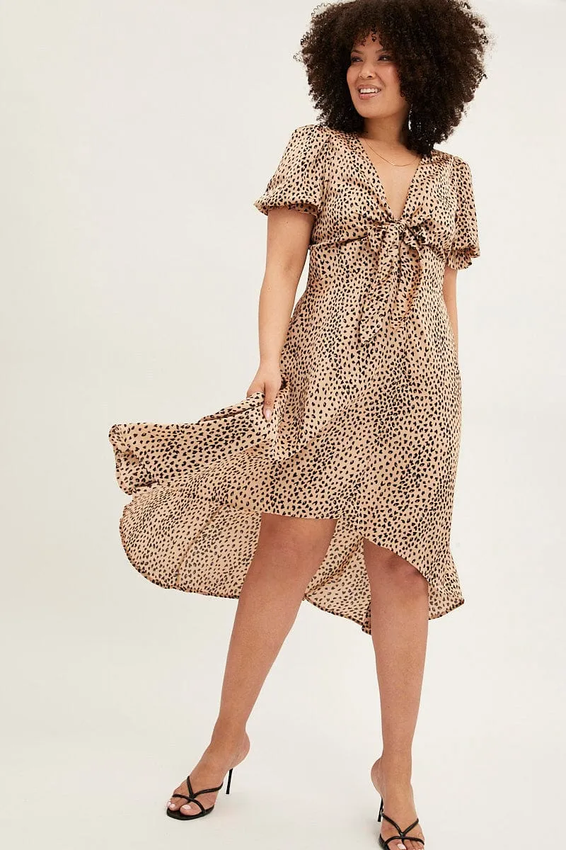 Vibrant dress for weekend outing Beige Animal Print Midi Dress Short Sleeve Tie Front Satin