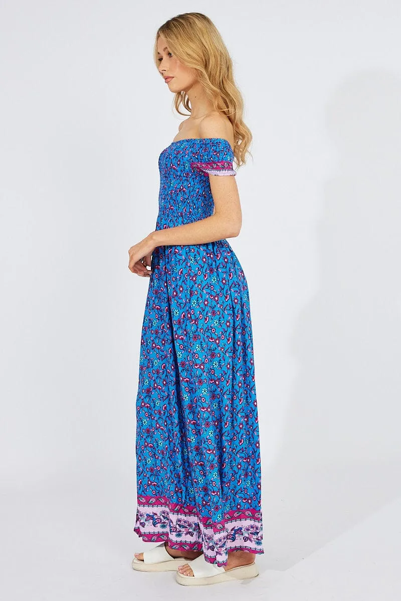 Sapphire Glow Opal Glow Blue Boho Maxi Dress Off Shoulder
