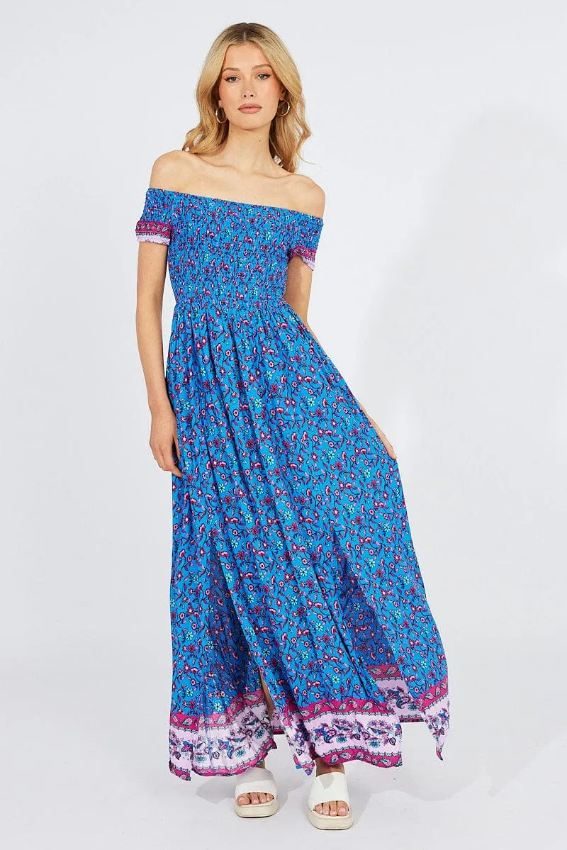 Platinum Glow Blue Boho Maxi Dress Off Shoulder