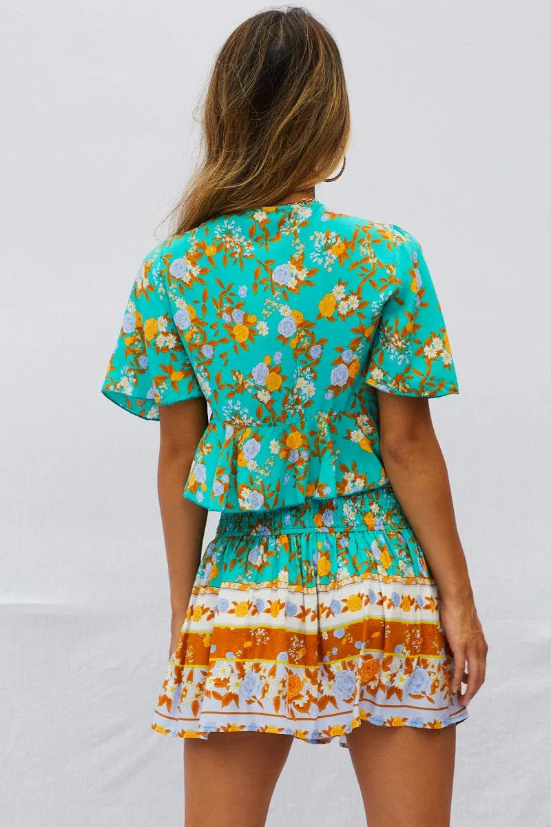 Boho Print Flare Skirt Mini High Rise Material Innovation