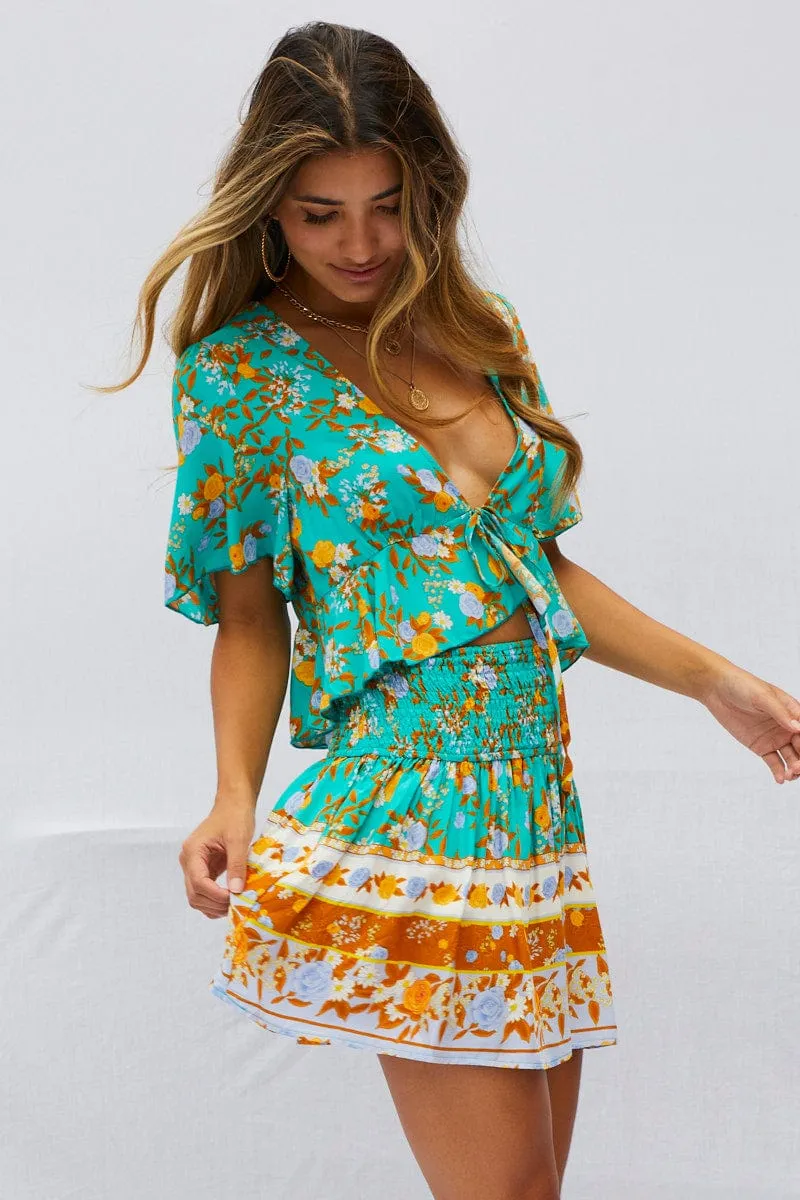 Boho Print Flare Skirt Mini High Rise Soft Palette Easy Comfort