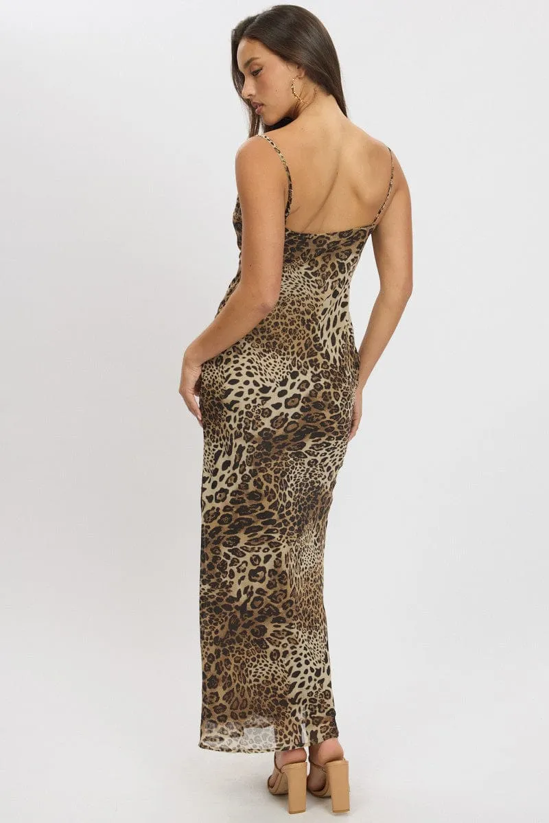 Layer Art Brown Animal Print Maxi Dress Cowl Neck