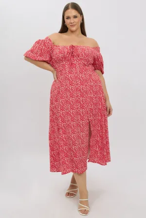 Diamond Glow Trendy Chic Red Ditsy Midi Dress Short Sleeve Ruched Bust