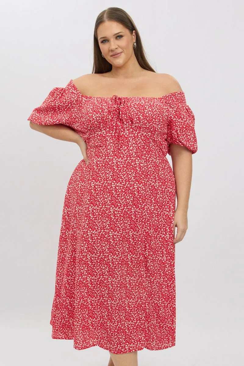 Flattering Shape Joyful Self Red Ditsy Midi Dress Short Sleeve Ruched Bust