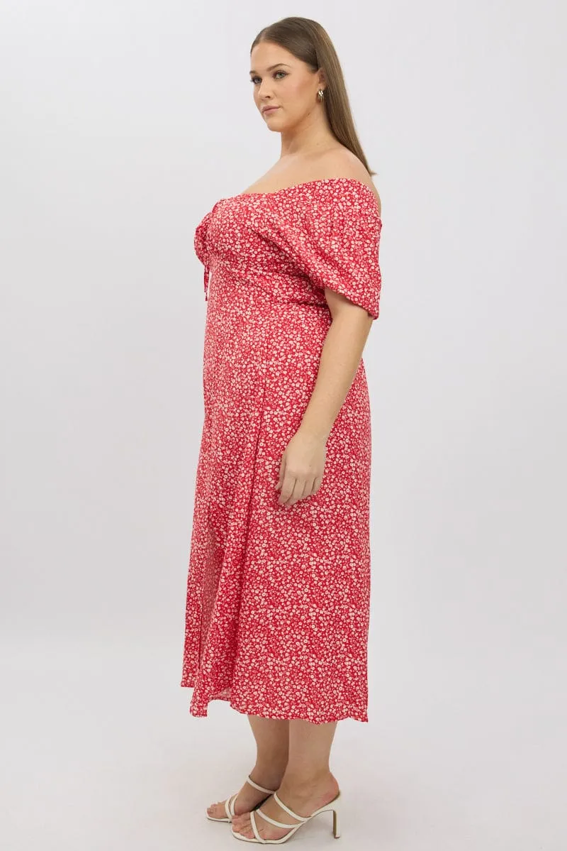 Red Ditsy Midi Dress Short Sleeve Ruched Bust Stylish options