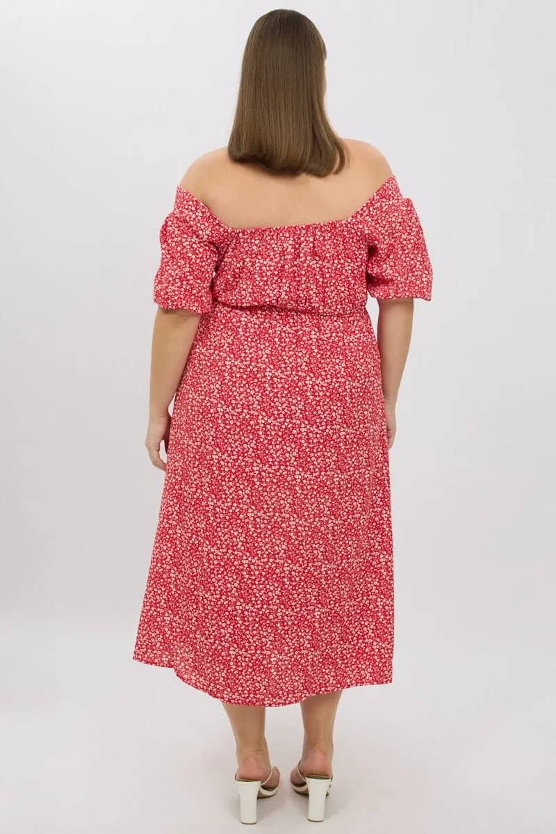 Red Ditsy Midi Dress Short Sleeve Ruched Bust Grace Mood