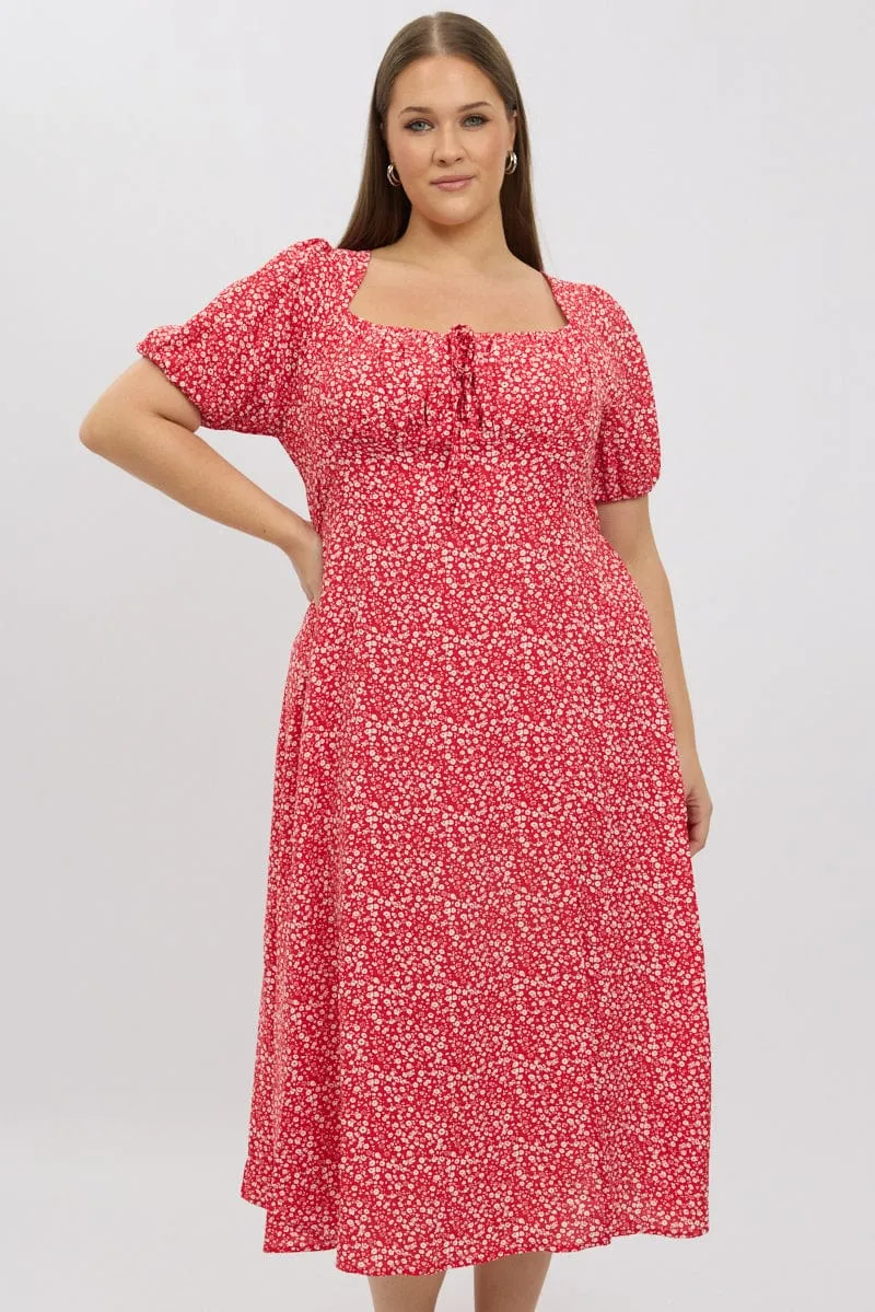 old town Red Ditsy Midi Dress Short Sleeve Ruched Bust