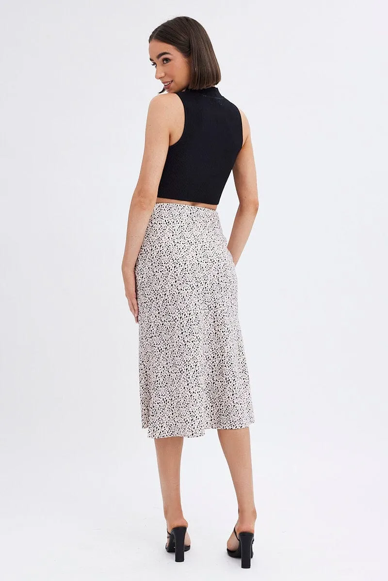 Beige Animal Print Slip Skirt Midi Detachable Detail Ventilated Panels