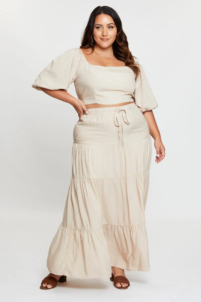 Modern Chic Twist Front Beige High Waist Tiered Maxi Skirt