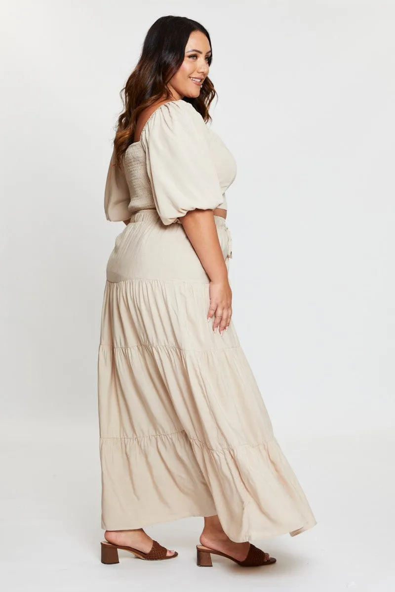 Visual Outfit Layered Look Beige High Waist Tiered Maxi Skirt