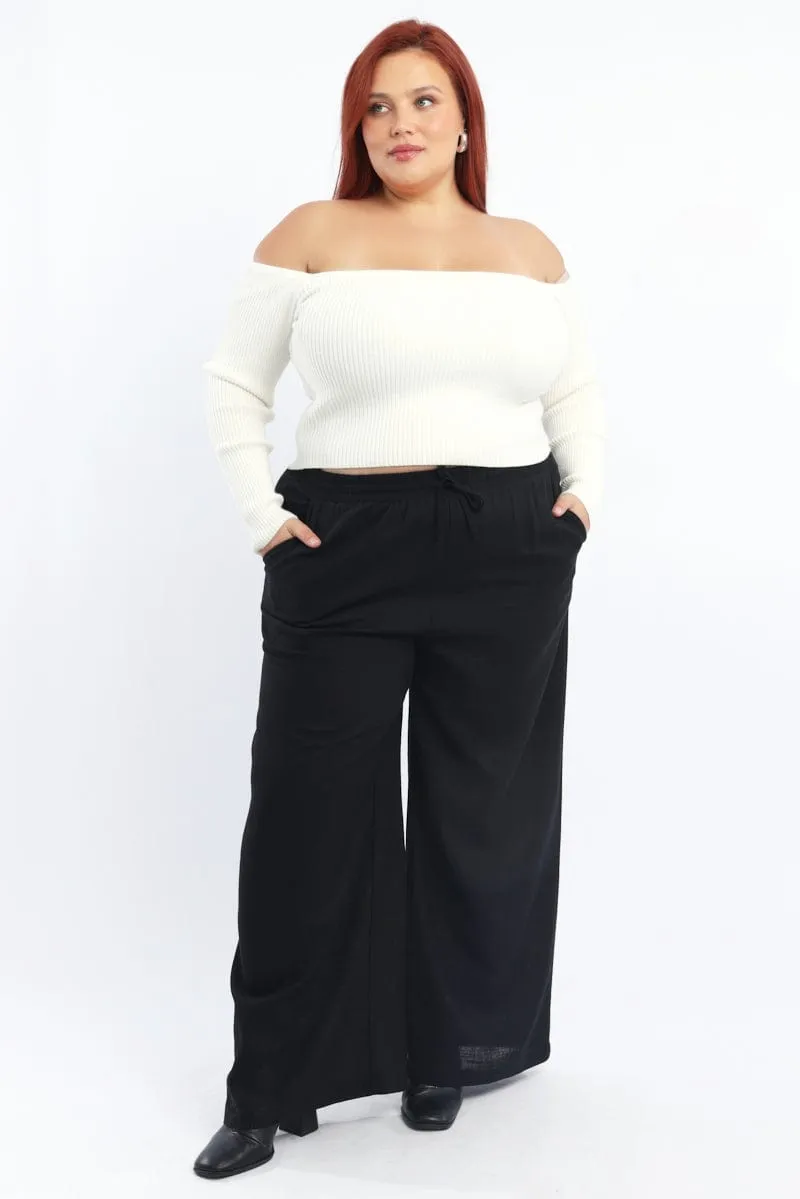 ReinforcedBeltLoops Black Back Pocket Linen Blend Wide Leg Pants