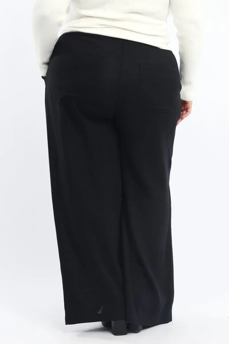 Black Back Pocket Linen Blend Wide Leg Pants Functional Ease Active Fit