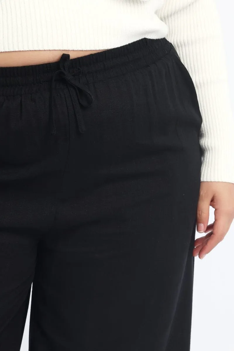 Simple Silhouette Black Back Pocket Linen Blend Wide Leg Pants