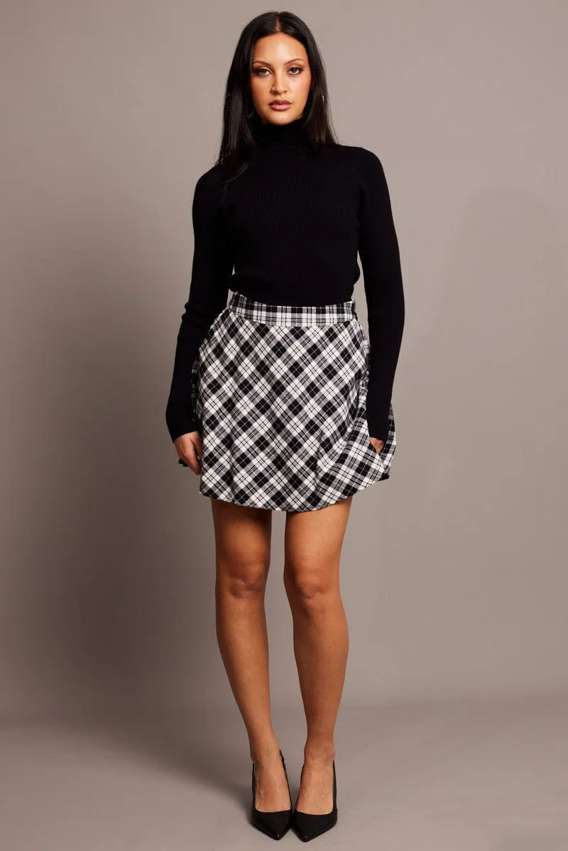 Black Check Skater Skirt Mini Layered Structure