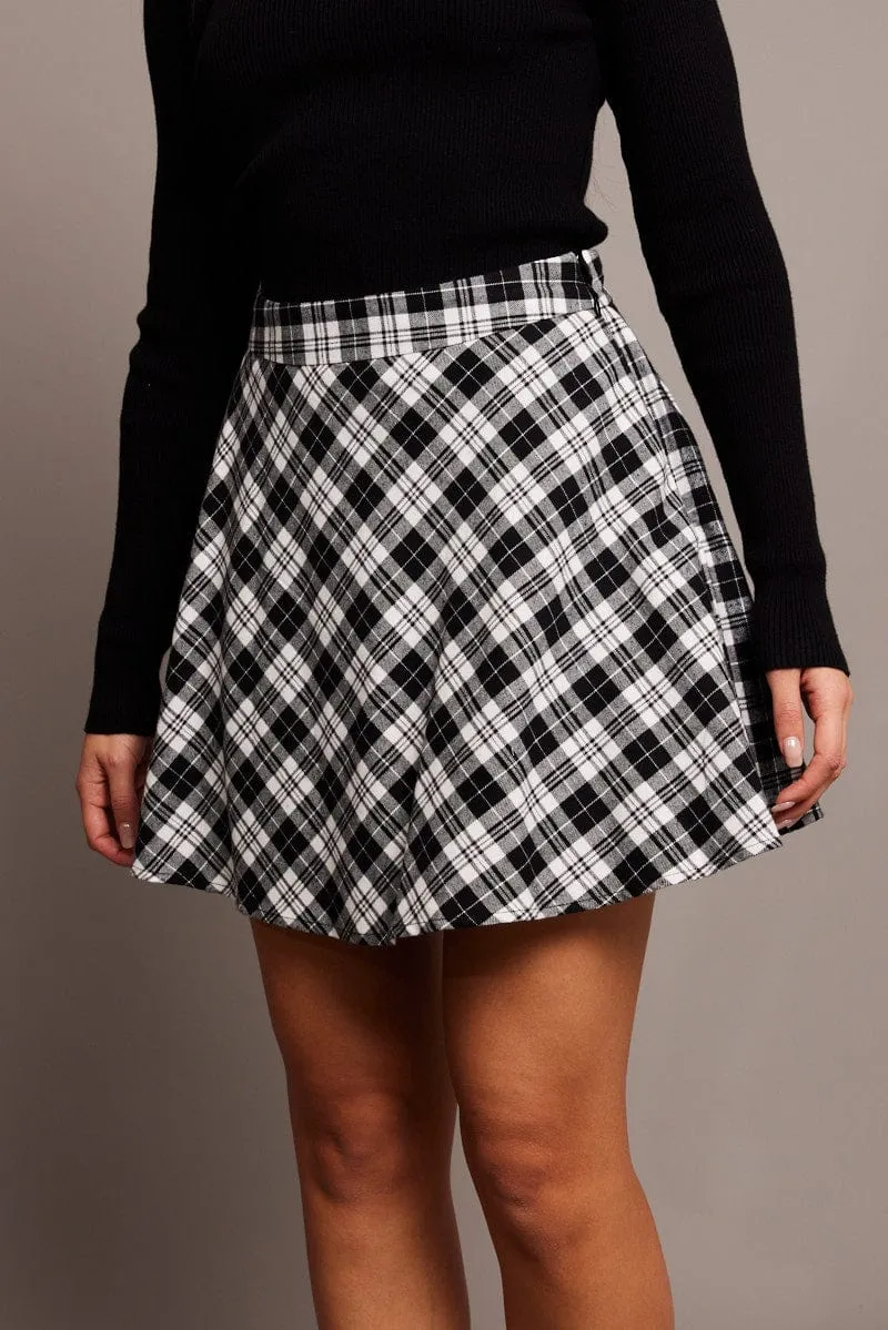 Black Check Skater Skirt Mini Textured Surface