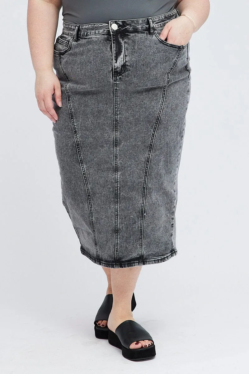 Black Midi Skirt Denim Reinforced Hemline