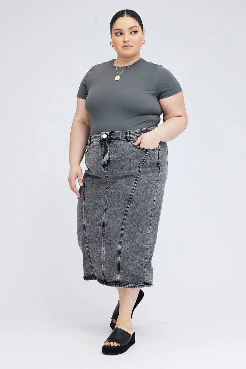 Chic Look Jewel Tones Black Midi Skirt Denim