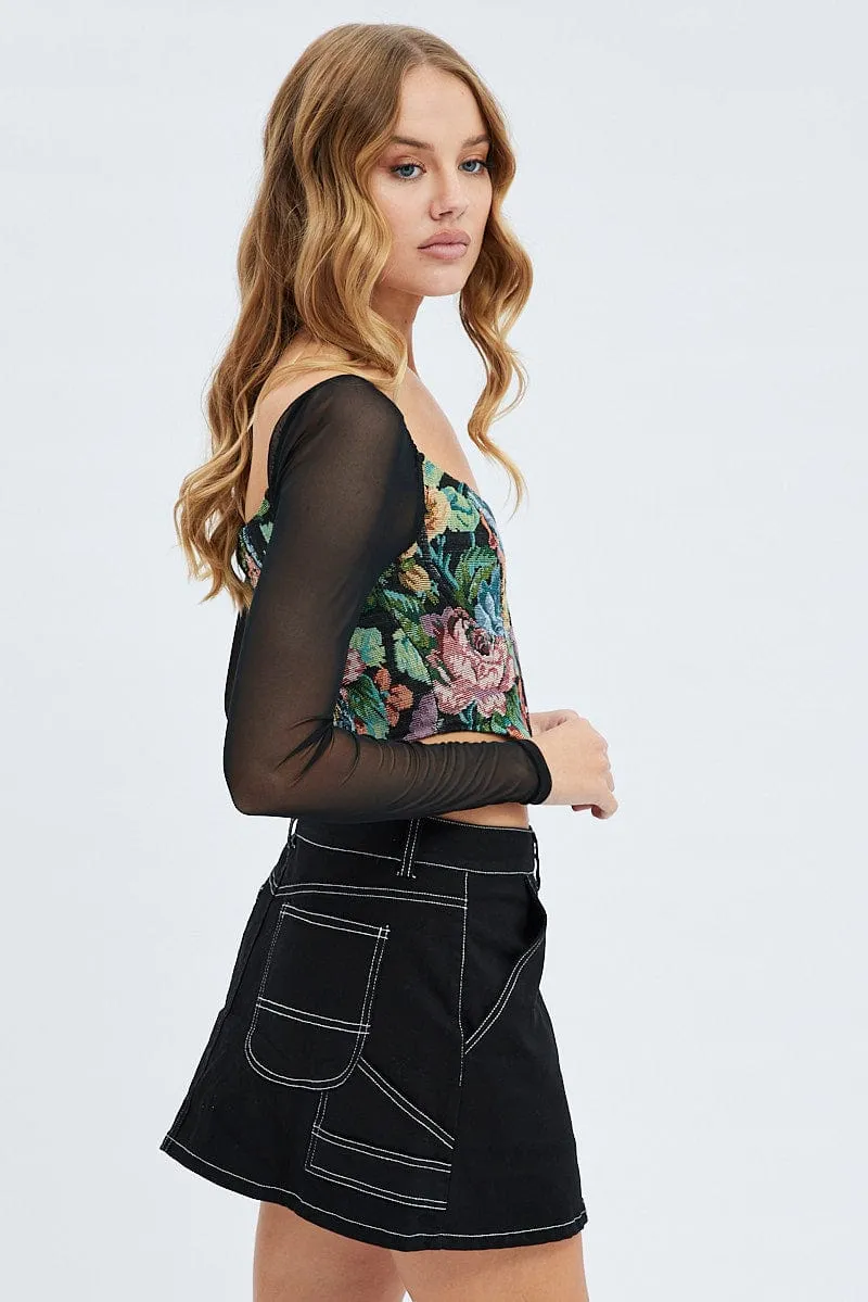 Black Mirco Mini Skirt Mid-Rise A-Line Cargo Bold Look Moisture Wicking Textile