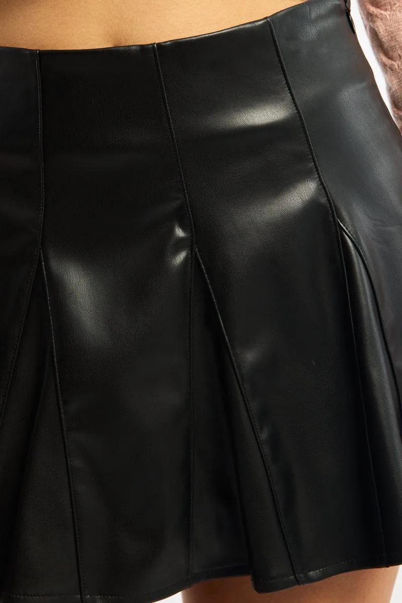 Hidden pockets Breezy Style Black Pu Flare Skort Skirt High Waisted Panelled