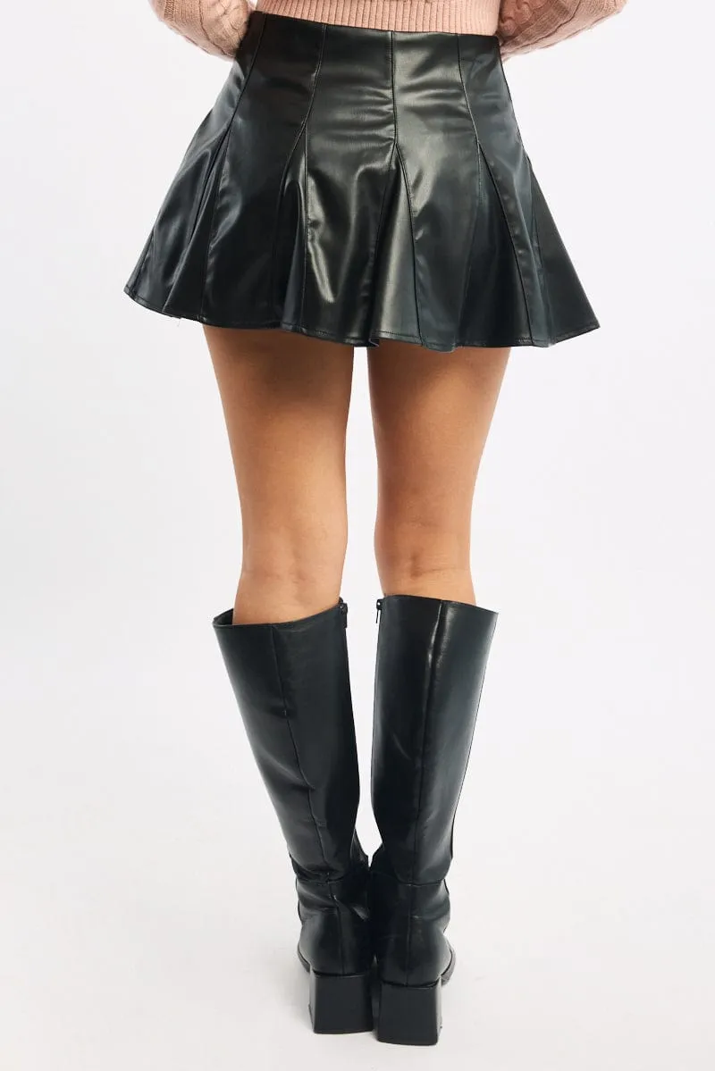 Breezy Outfit Curvy Fit Black Pu Flare Skort Skirt High Waisted Panelled