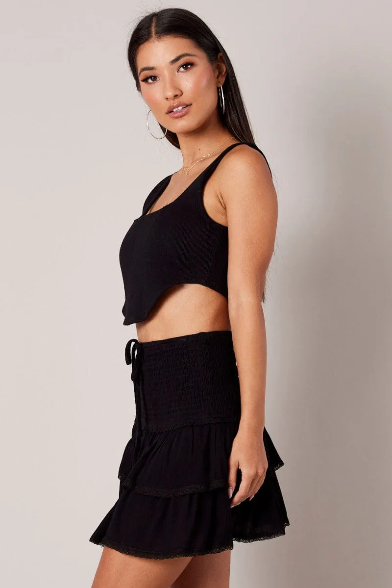 Black Skater Skirt Smocking Waist Mini Reinforced Hemline Figure Flattering