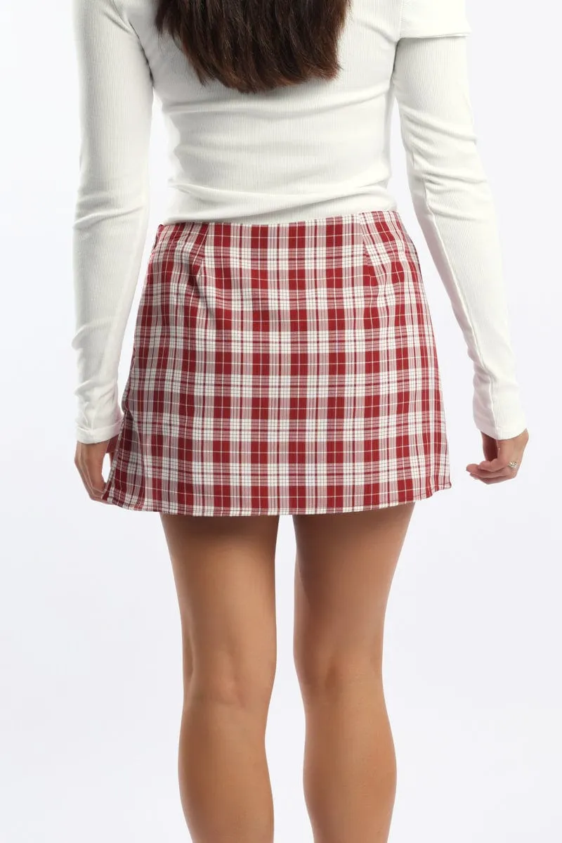 Red Check Mini Skort Skirt Mid Rise Tailored Lined Simple Fit