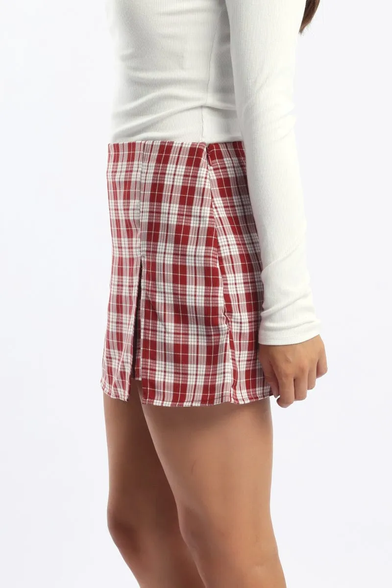 Red Check Mini Skort Skirt Mid Rise Tailored Lined Minimal Touch Contemporary Brand