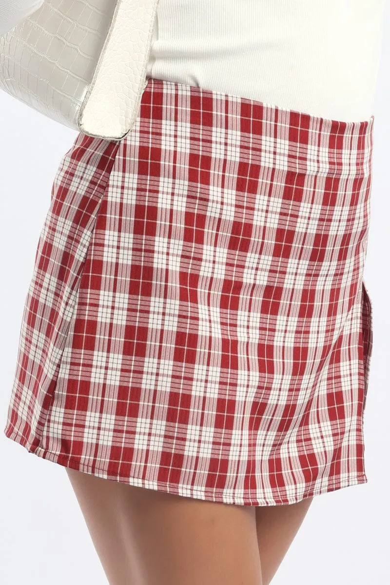 Red Check Mini Skort Skirt Mid Rise Tailored Lined Travel Ready City Style