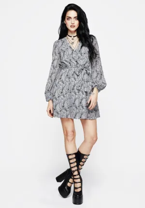 Sheer Glam Fresh Twist Rosethorn Flocked Velour Chiffon Faux Wrap Mini Dress - Blue