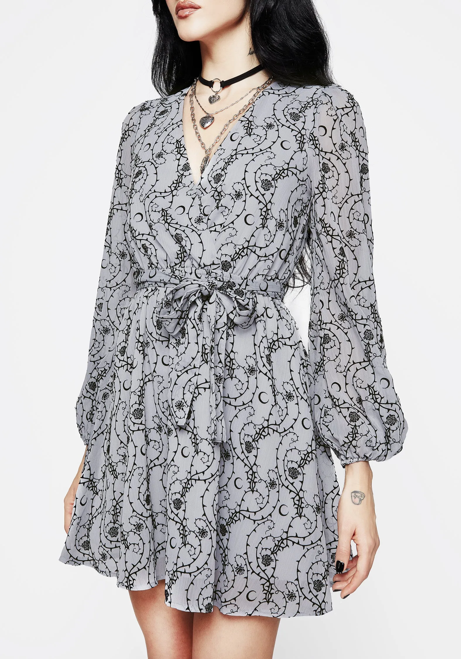 Rosethorn Flocked Velour Chiffon Faux Wrap Mini Dress - Blue Glow Heat
