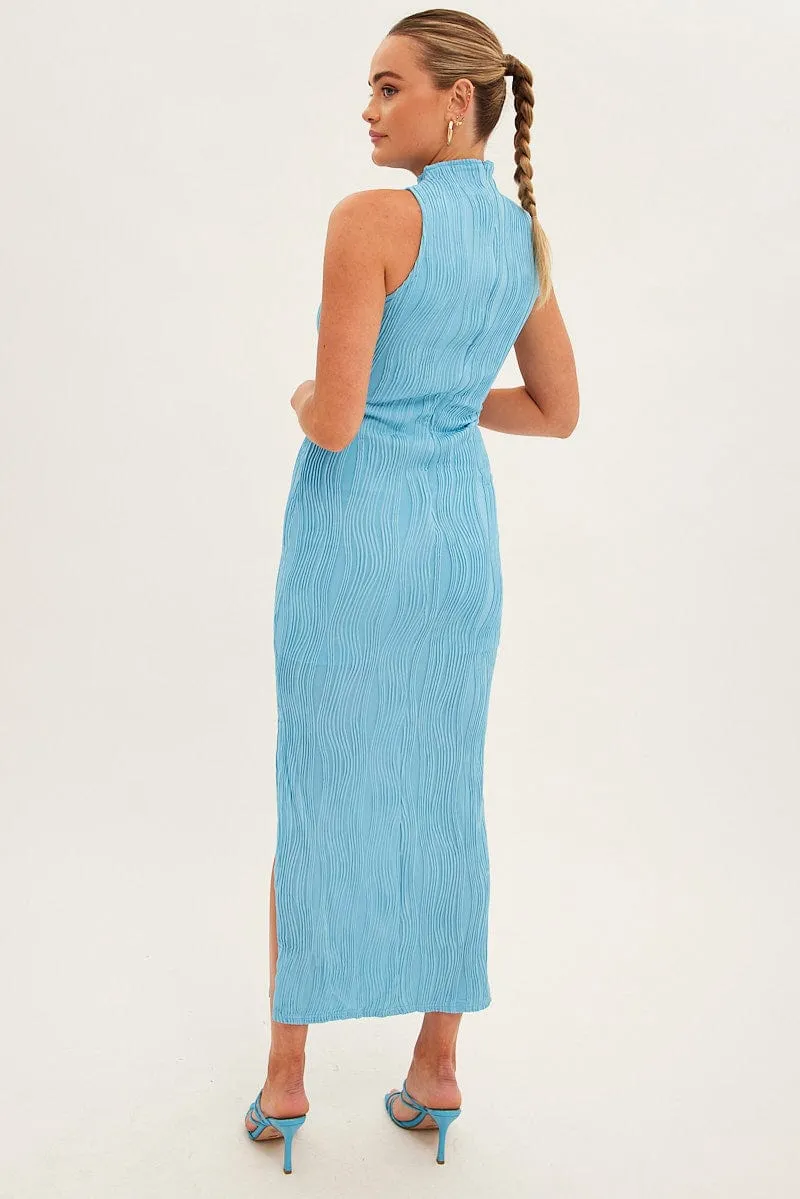 Blue Maxi Dress High Neck Sleeveless Loose Fit Straight Line