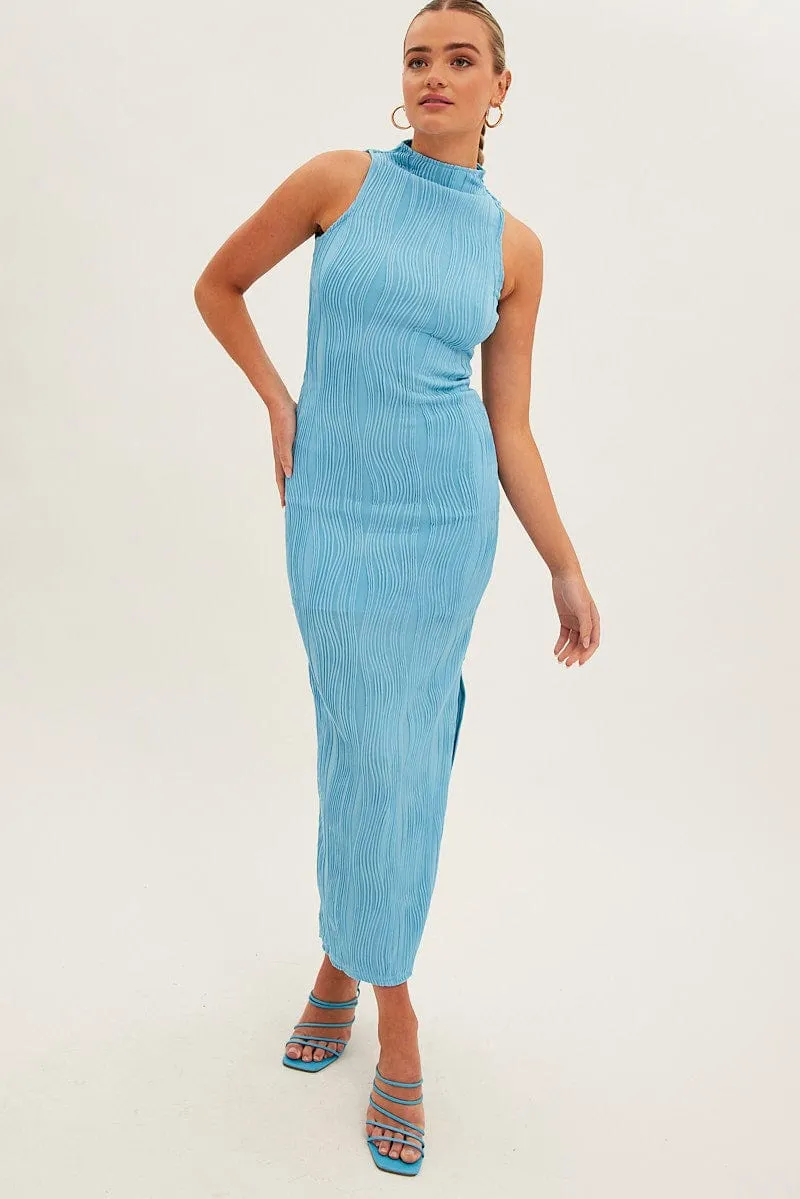Blue Maxi Dress High Neck Sleeveless delicate embroidery
