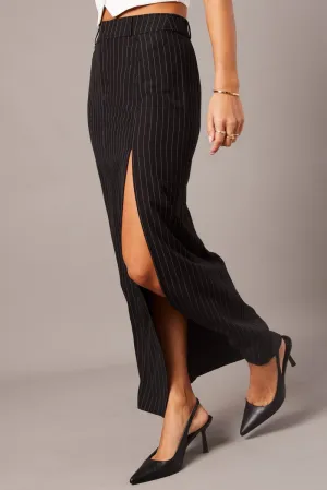 Black Stripe Midi Skirt Tailored High Waist Business Meeting premium fabric