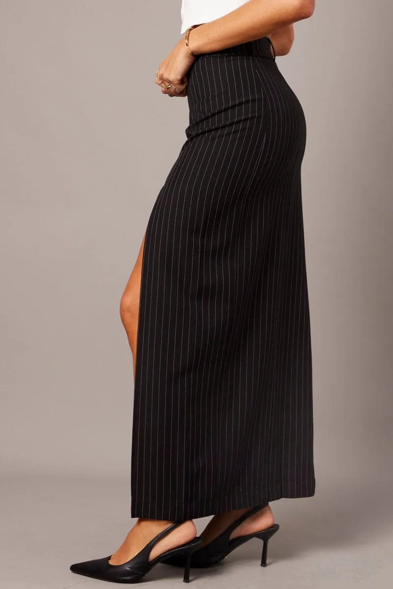 Black Stripe Midi Skirt Tailored High Waist Beach Day