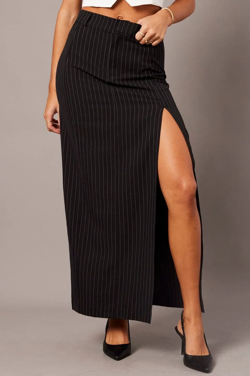 Black Stripe Midi Skirt Tailored High Waist Hip Skimming