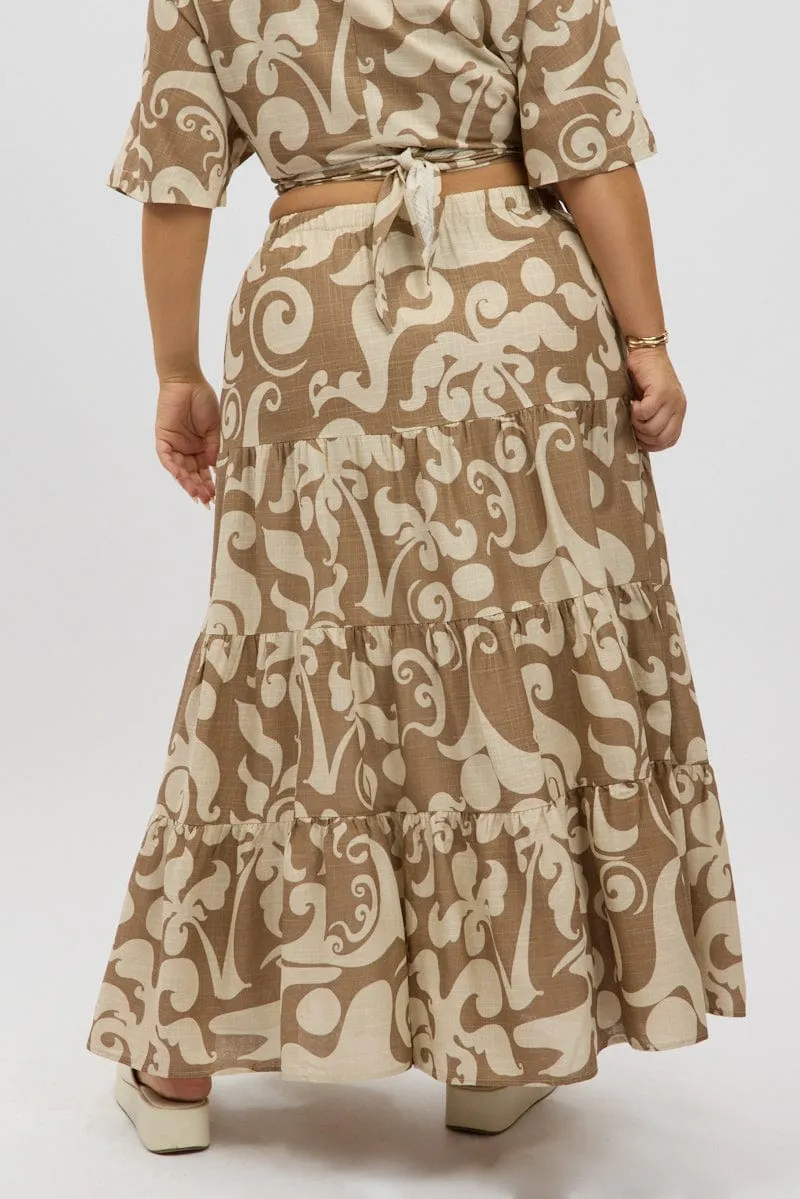 Weekend Outfit Built In Shorts Beige Abstract Linen Blend Tiered Maxiskirt
