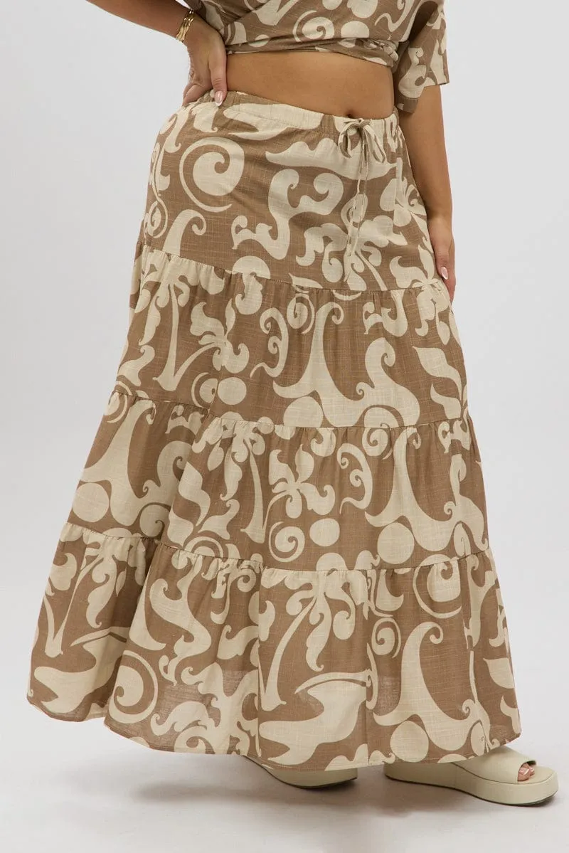 Fold Over Design muted tone Beige Abstract Linen Blend Tiered Maxiskirt