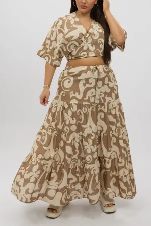 Beige Abstract Linen Blend Tiered Maxiskirt Quick Wear