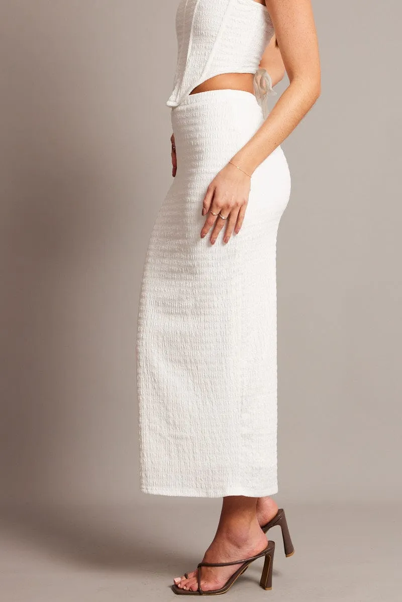 Twist Front Flexible Comfort White Midi Skirt High Rise Textured Jersey
