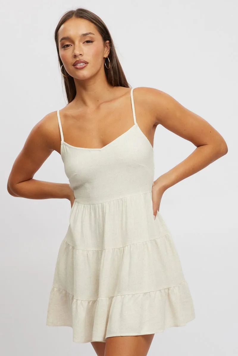 Beige Mini Dress Tiered Strappy Vibrant Design