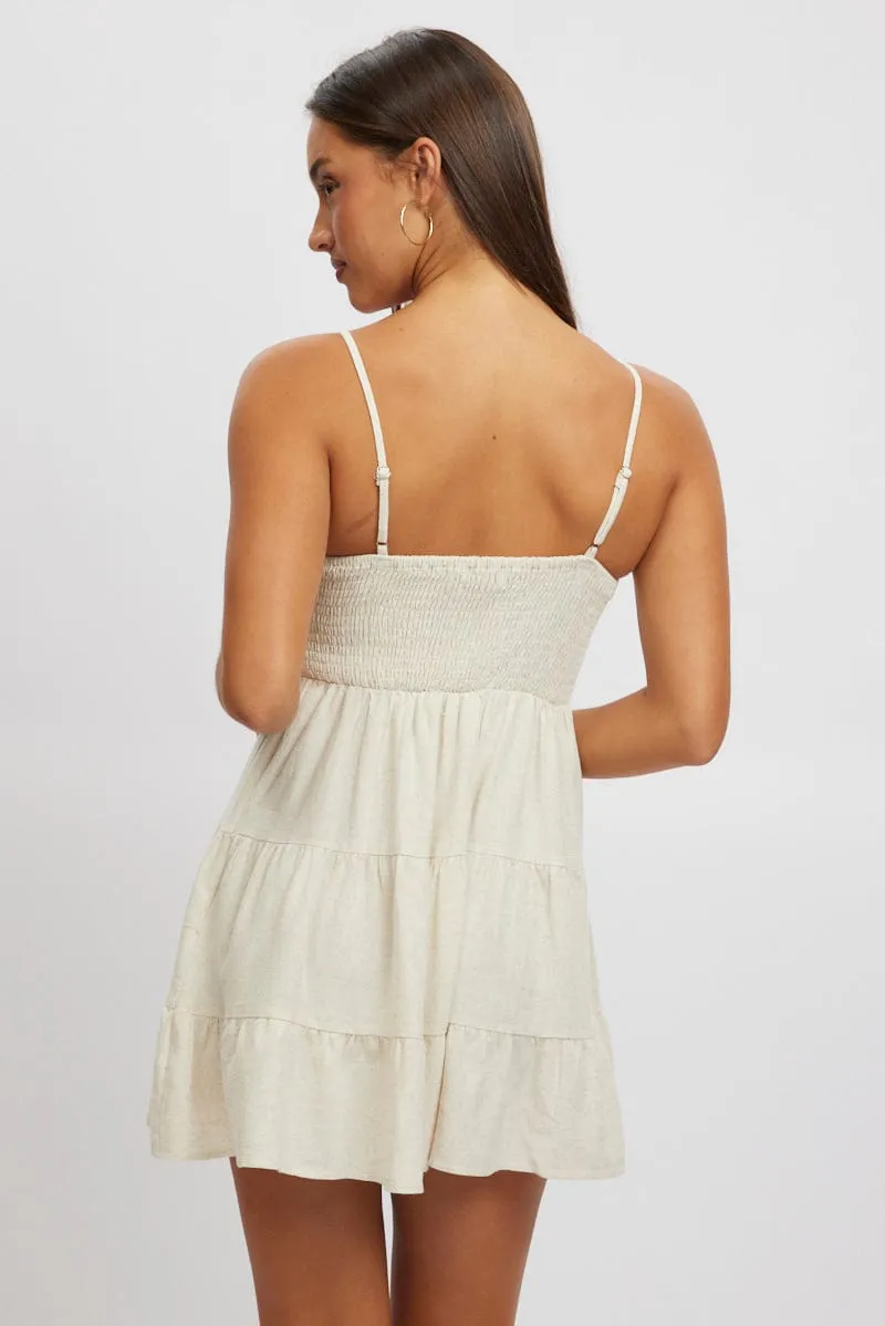 Adjustable Waistband Beige Mini Dress Tiered Strappy