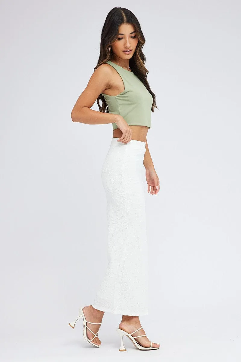 White Midi Skirt High Rise Textured Jersey Thermoregulating Fabric Scalloped Edge