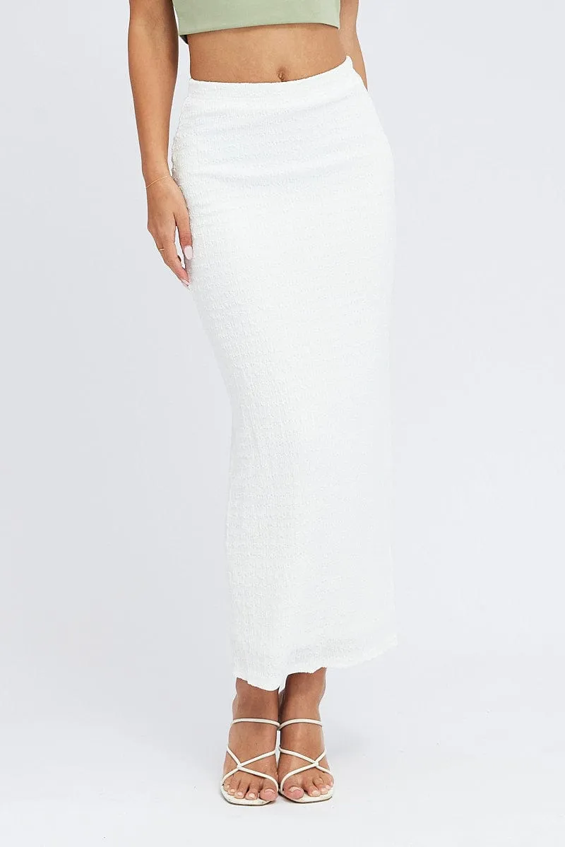 White Midi Skirt High Rise Textured Jersey Crochet Style Signature Detail