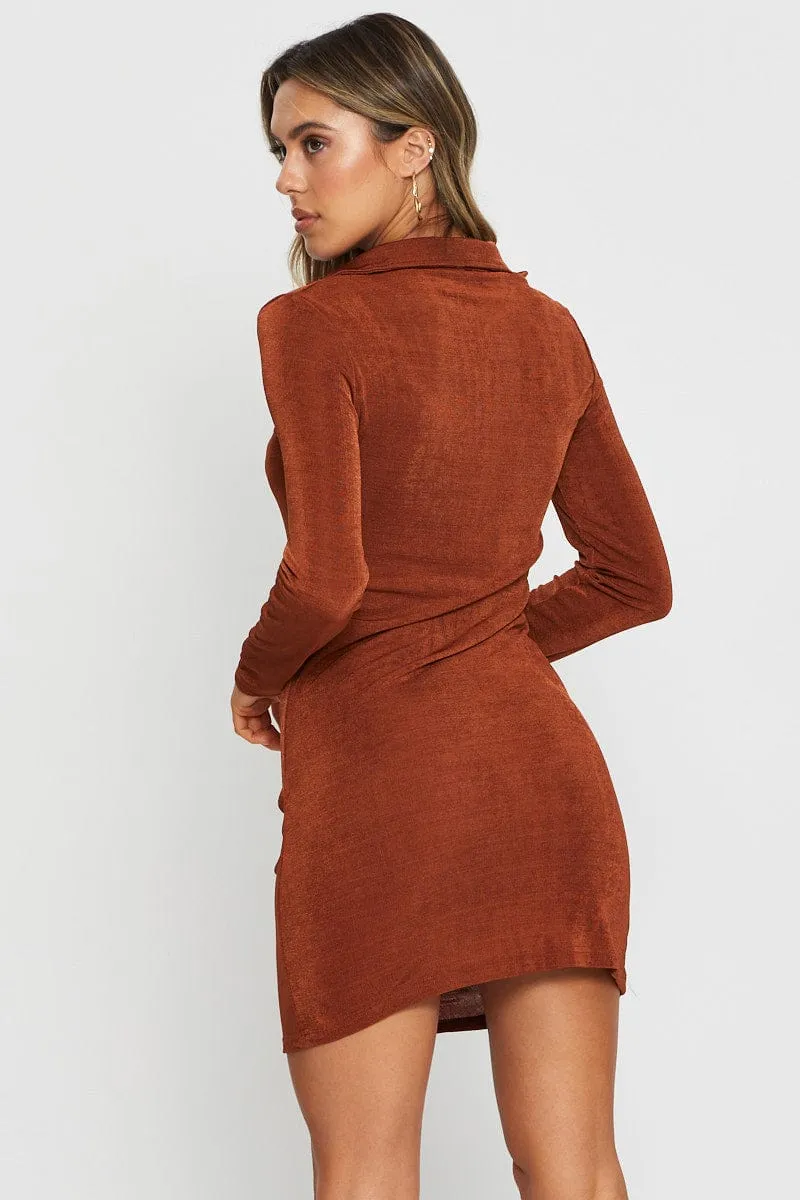 Soft touch finish Brown Mini Dress Long Sleeve