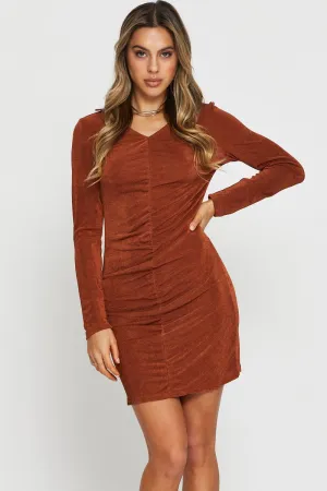 Non Restrictive Club Beat Brown Mini Dress Long Sleeve