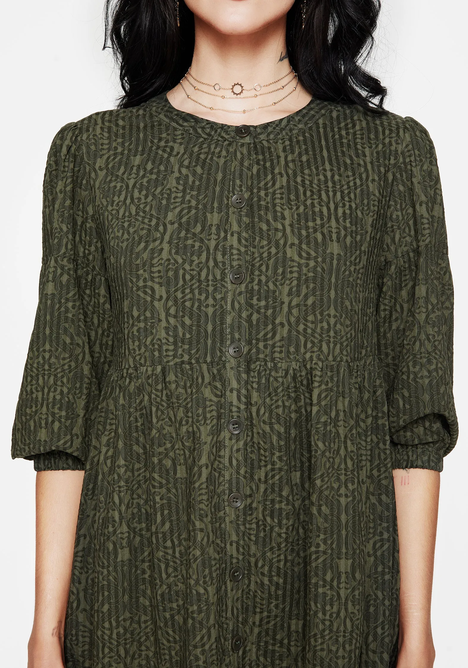 Francesca Dragon Printed Button Up Smock Mini Dress Reinforced Elbows Glitter Mode